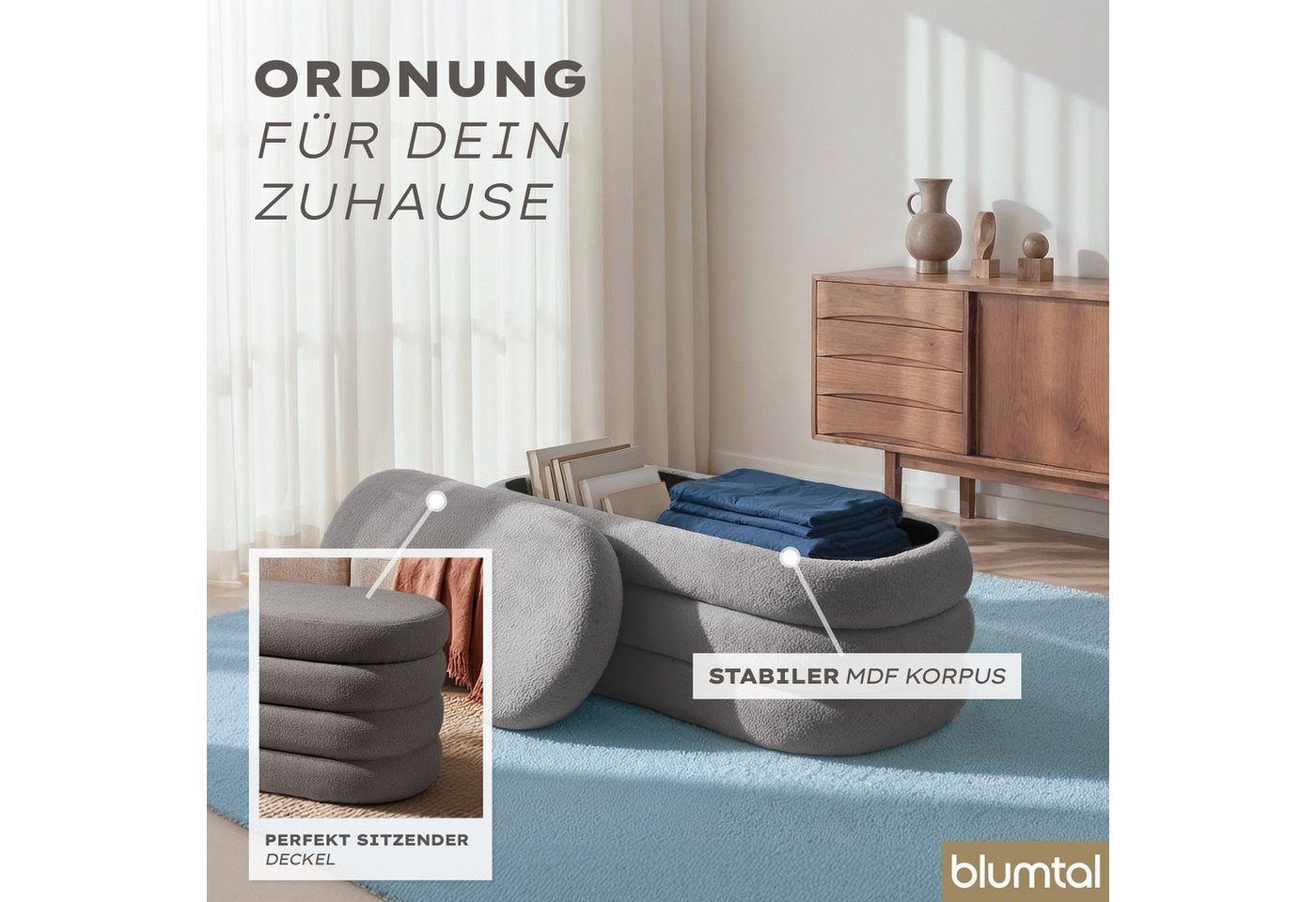 Blumtal Sitzhocker Hocker mit Stauraum mit Bouclé oder Velvet-Bezug, robuste Sitztruhe mit Stauraum und extrem Dickes MDF – Bild 5 von 5