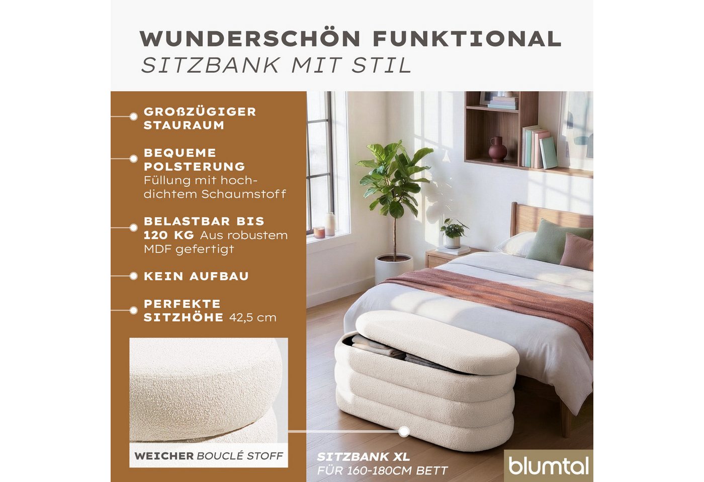 Blumtal Sitzhocker Hocker mit Stauraum mit Bouclé oder Velvet-Bezug, robuste Sitztruhe mit Stauraum und extrem Dickes MDF – Bild 2 von 5