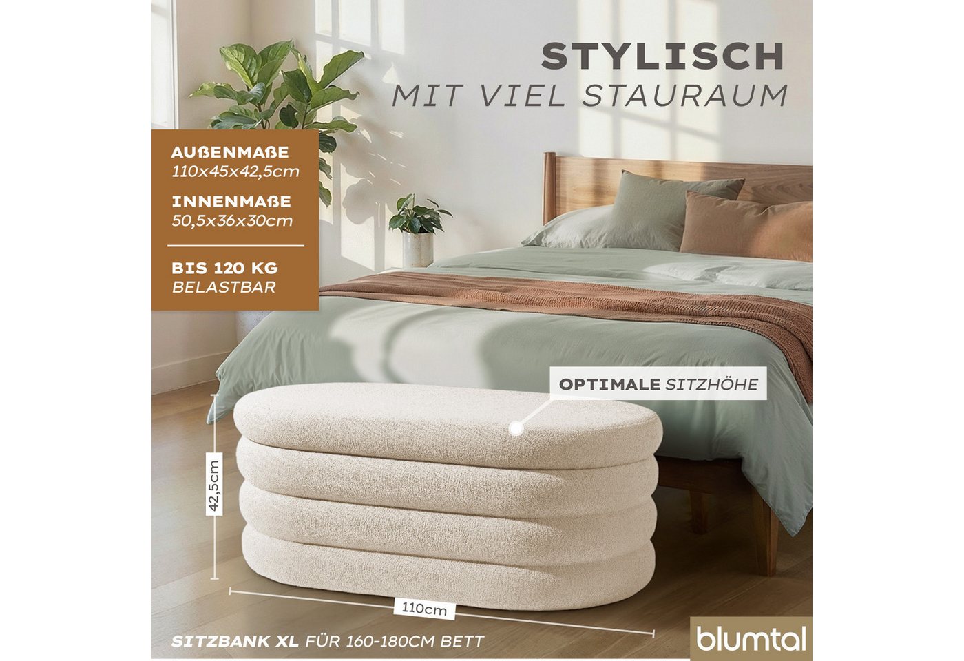 Blumtal Sitzhocker Hocker mit Stauraum mit Bouclé oder Velvet-Bezug, robuste Sitztruhe mit Stauraum und extrem Dickes MDF – Bild 3 von 5