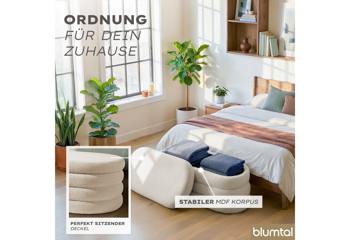 Blumtal Sitzhocker Hocker mit Stauraum mit Bouclé oder Velvet-Bezug, robuste Sitztruhe mit Stauraum und extrem Dickes MDF – Bild 5 von 5