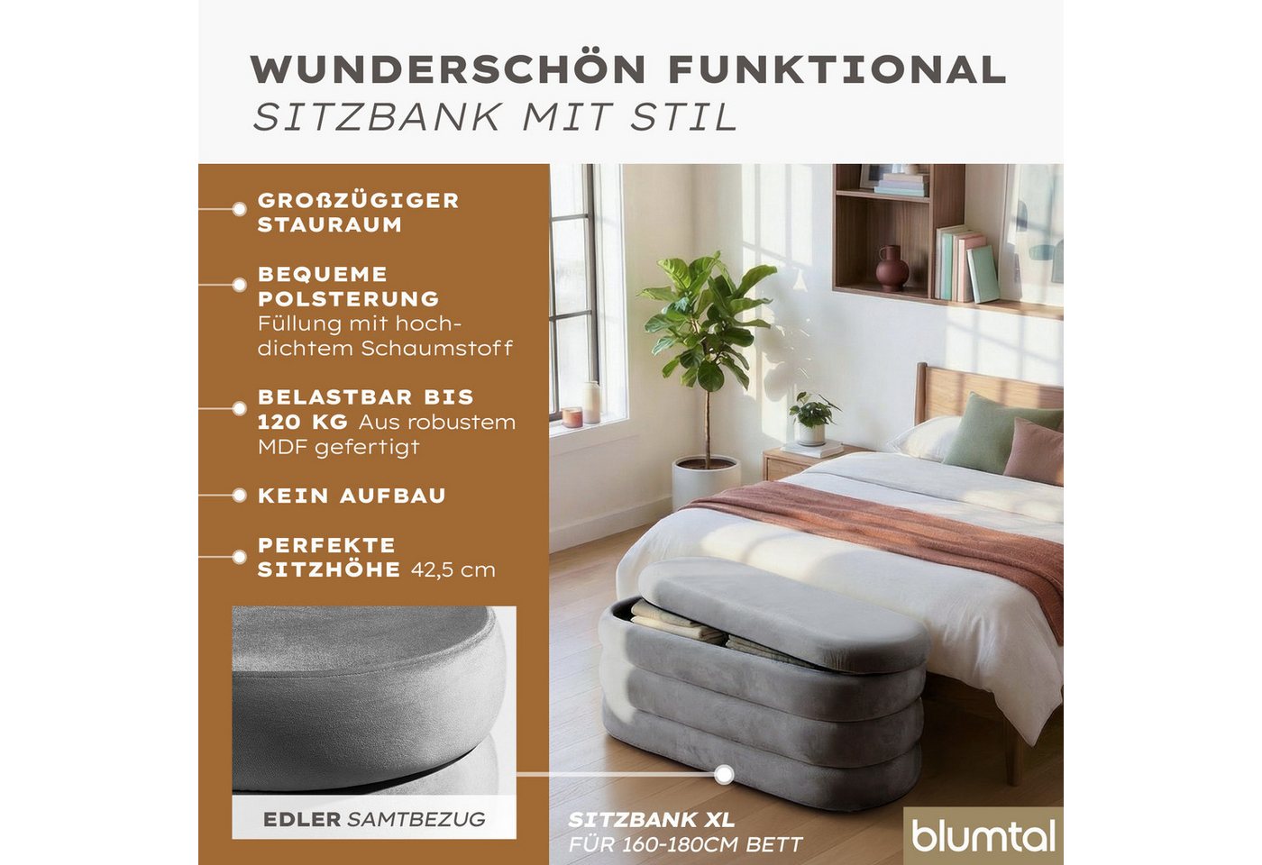 Blumtal Sitzhocker Hocker mit Stauraum mit Bouclé oder Velvet-Bezug, robuste Sitztruhe mit Stauraum und extrem Dickes MDF – Bild 2 von 5