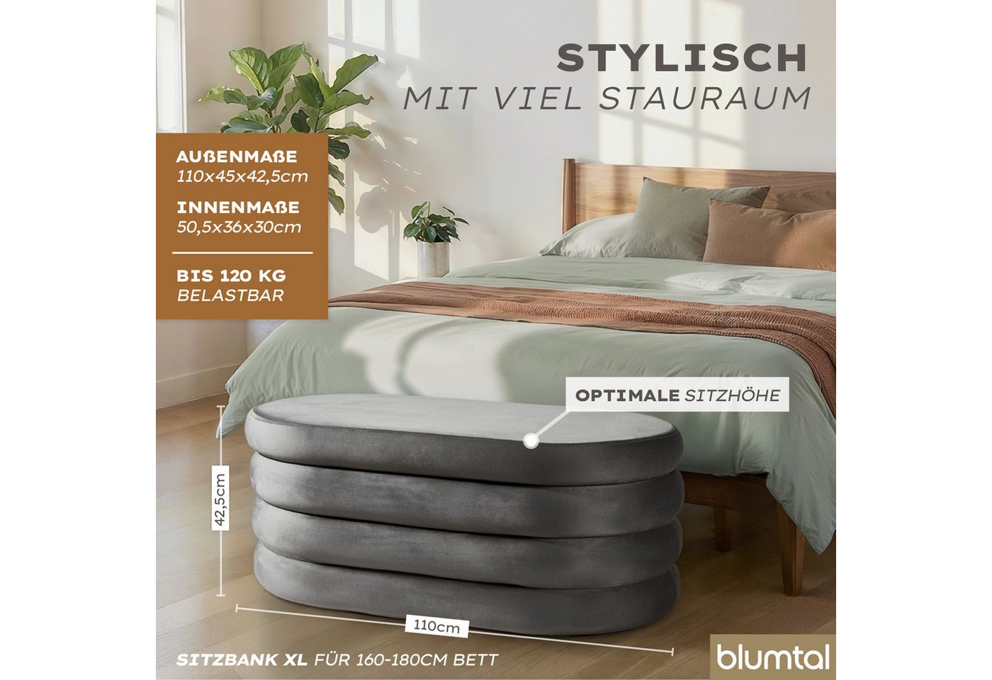 Blumtal Sitzhocker Hocker mit Stauraum mit Bouclé oder Velvet-Bezug, robuste Sitztruhe mit Stauraum und extrem Dickes MDF – Bild 3 von 5