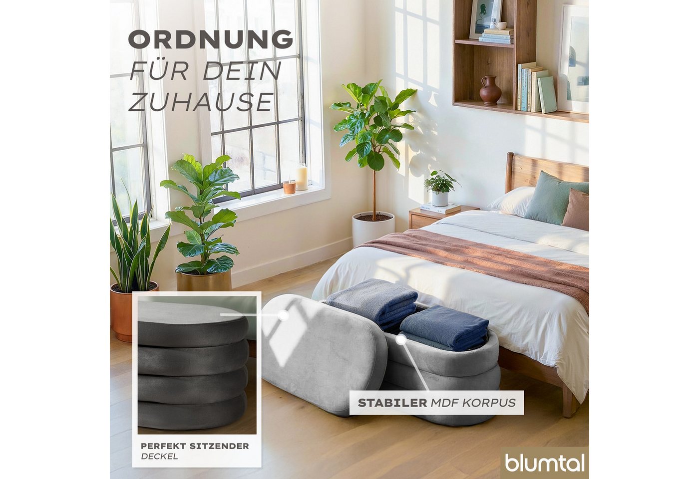 Blumtal Sitzhocker Hocker mit Stauraum mit Bouclé oder Velvet-Bezug, robuste Sitztruhe mit Stauraum und extrem Dickes MDF – Bild 5 von 5