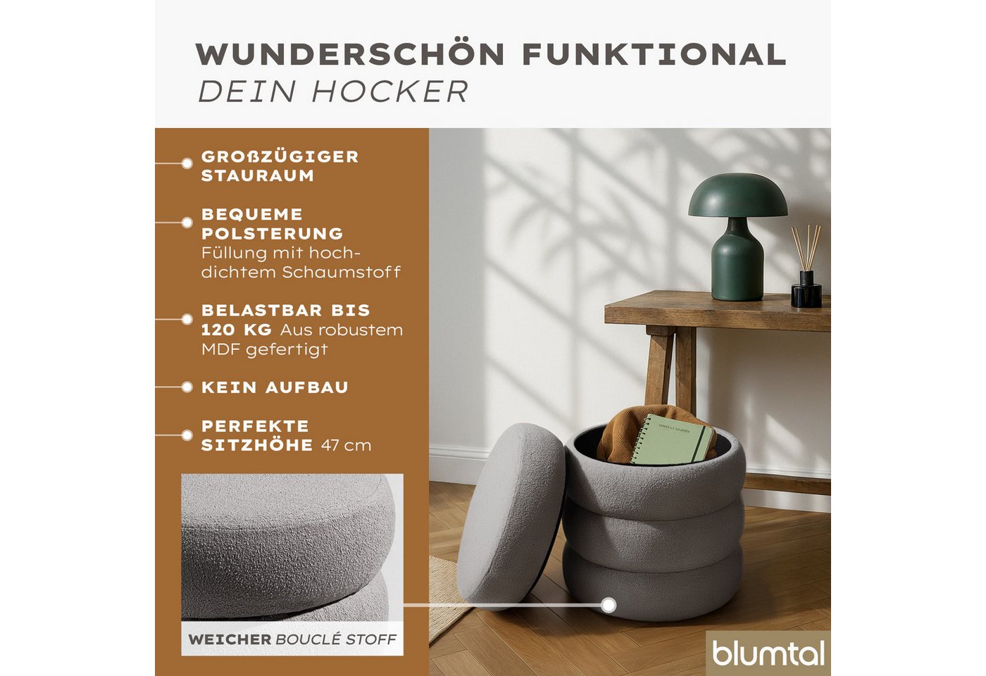 Blumtal Sitzhocker Hocker mit Stauraum mit Bouclé oder Velvet-Bezug, robuste Sitztruhe mit Stauraum und extrem Dickes MDF – Bild 2 von 5