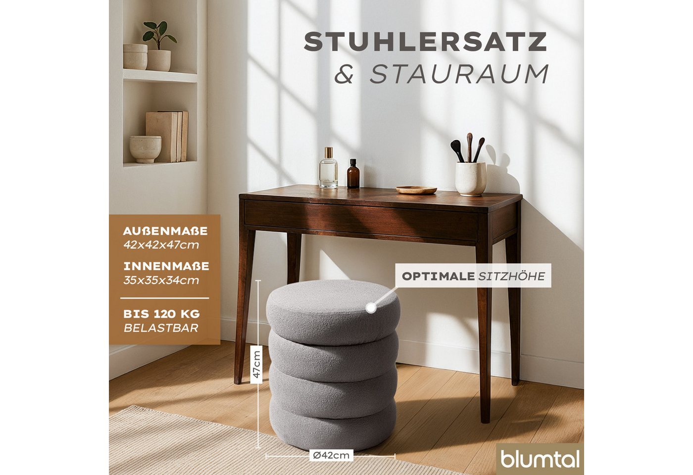 Blumtal Sitzhocker Hocker mit Stauraum mit Bouclé oder Velvet-Bezug, robuste Sitztruhe mit Stauraum und extrem Dickes MDF – Bild 3 von 5