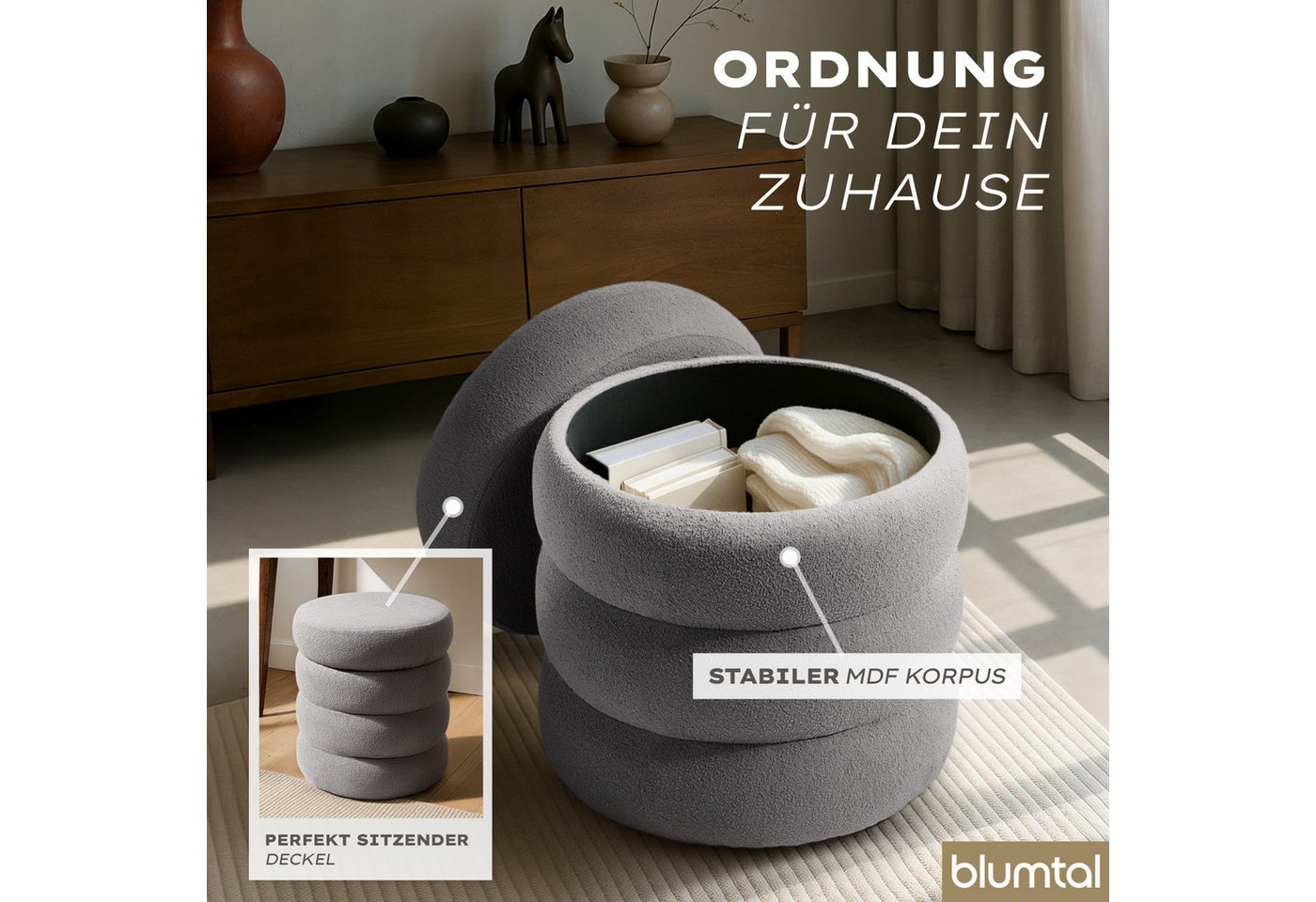 Blumtal Sitzhocker Hocker mit Stauraum mit Bouclé oder Velvet-Bezug, robuste Sitztruhe mit Stauraum und extrem Dickes MDF – Bild 5 von 5