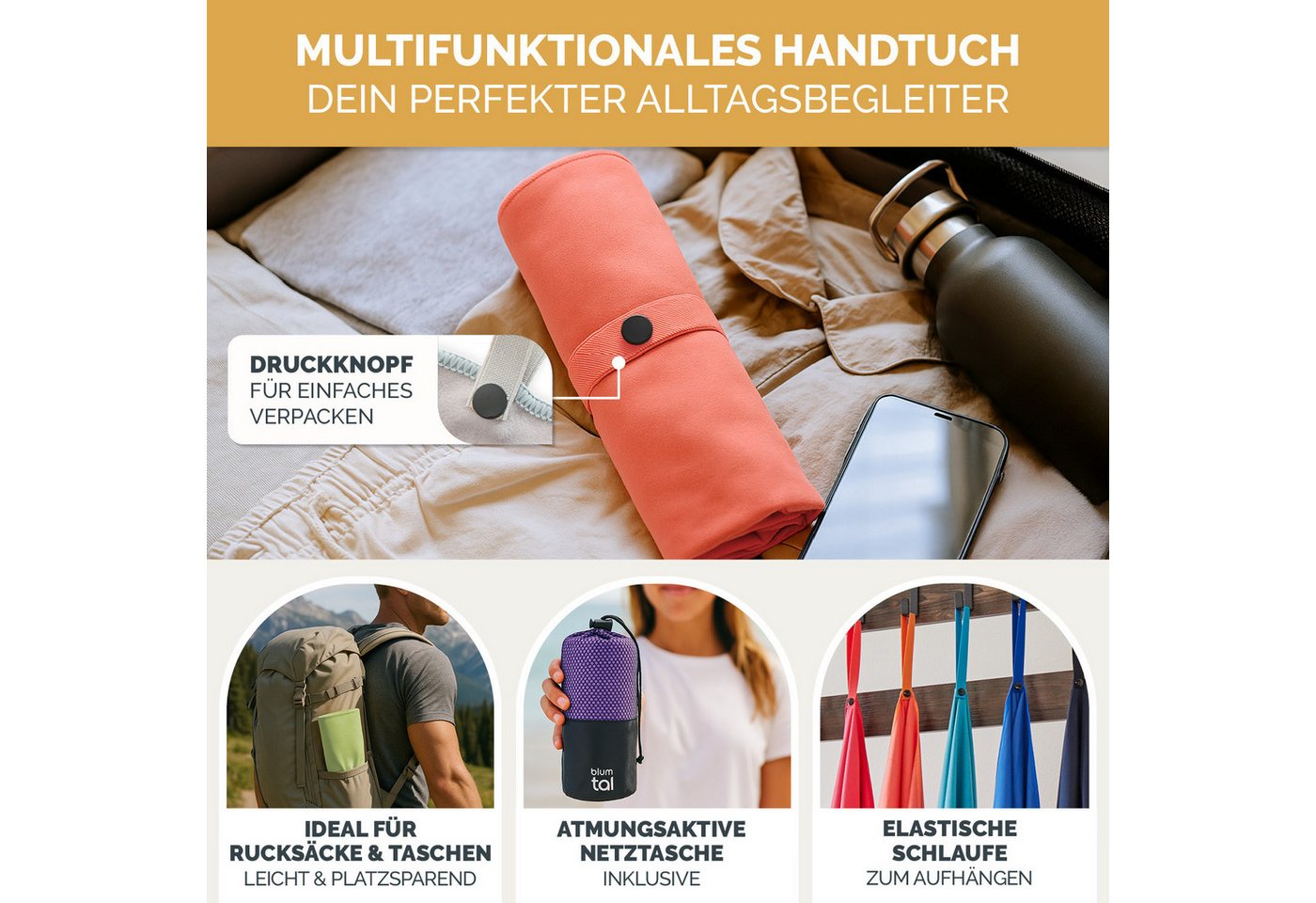 Blumtal Sporthandtuch Mikrofaser Handtuch - kompakte Mikrofaser Handtücher, Mikrofaser (inkl. Transporttasche, einzeln oder als Set verfügbar, 2-St), ultra leic – Bild 5 von 5
