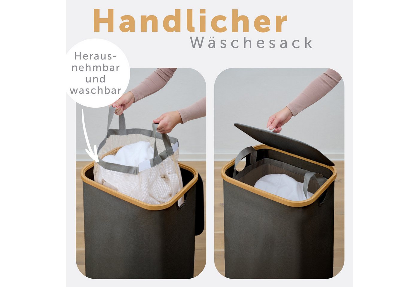 Blumtal Wäschekorb 1,2 oder 3 Fächer mit herausnehmbaren Wäschesäcken 100, 140 oder 150L, in drei Größen erhältlich – Bild 5 von 5