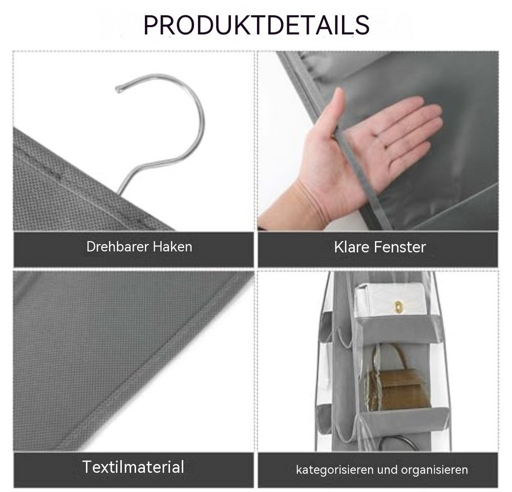 Blusmart Hängeregal Hängender Handtaschen-Organizer, 2 faltbare Aufbewahrungstaschen mit 6 transparenten Fächern, Für Kleiderschrank, Ankleidezimmer, Schlafzimm – Bild 3 von 5