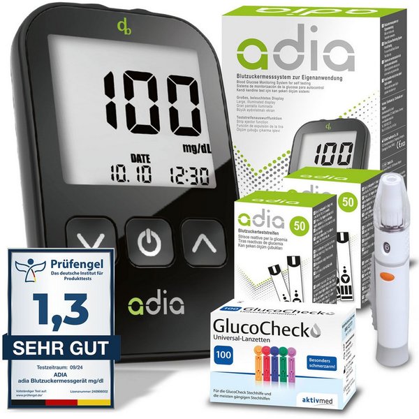 ADIA Blutzuckermessgerät adia Blutzuckermessgerät Set + 110 Teststreifen + 110 Lanzetten mg/dl