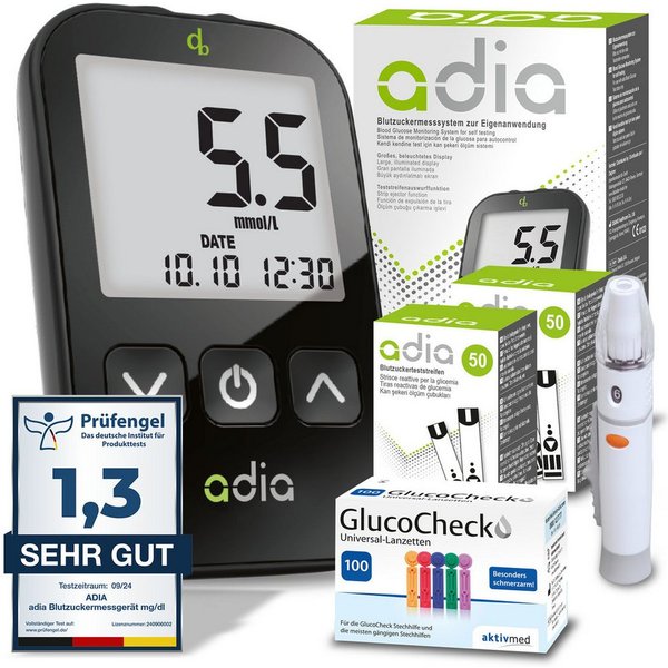 ADIA Blutzuckermessgerät adia Blutzuckermessgerät Set + 110 Teststreifen + 110 Lanzetten mmol/l