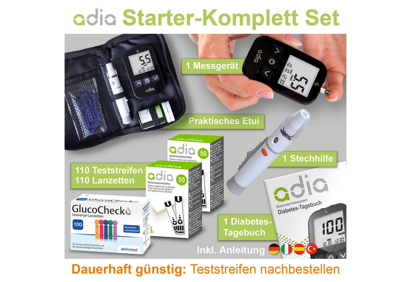 ADIA Blutzuckermessgerät adia Blutzuckermessgerät Set + 110 Teststreifen + 110 Lanzetten mmol/l – Bild 2 von 4