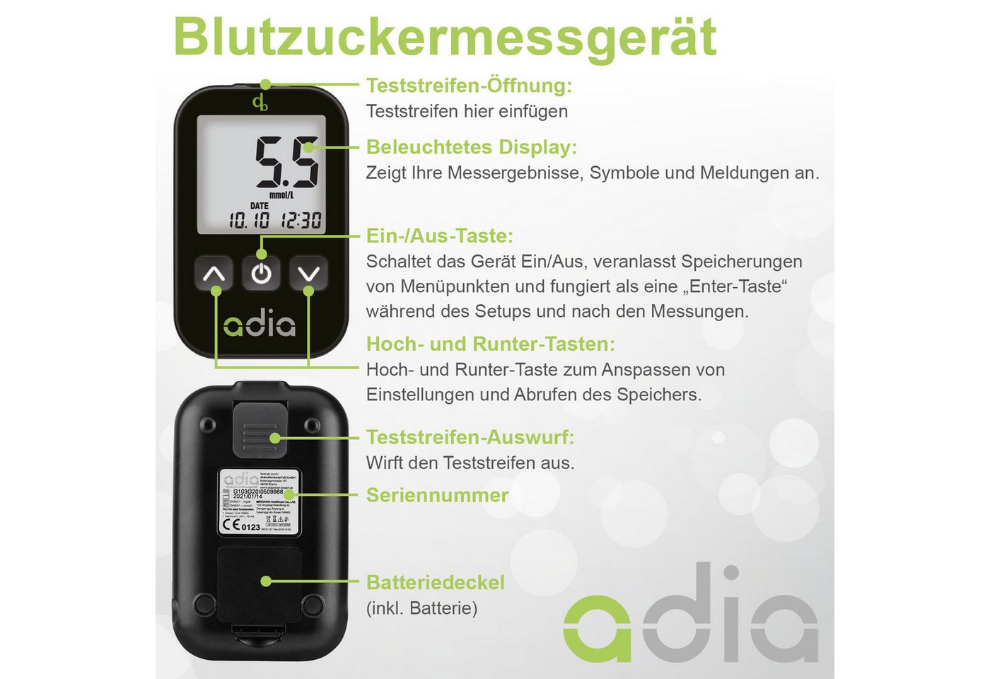 ADIA Blutzuckermessgerät adia Blutzuckermessgerät Set + 110 Teststreifen + 110 Lanzetten mmol/l – Bild 4 von 4