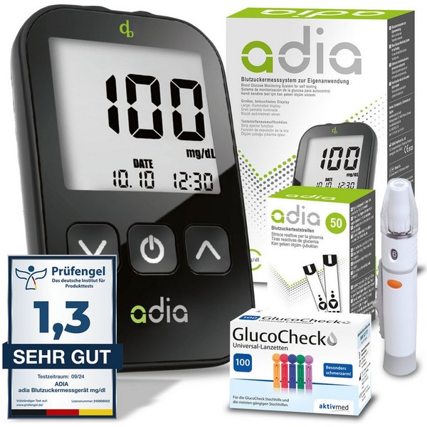 ADIA Blutzuckermessgerät adia Blutzuckermessgerät Set + 60 Teststreifen + 110 Lanzetten mg/dl