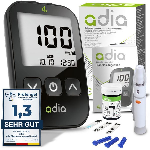 ADIA Blutzuckermessgerät adia Blutzuckermessgerät Set inkl. 10 Teststreifen, mg/dl