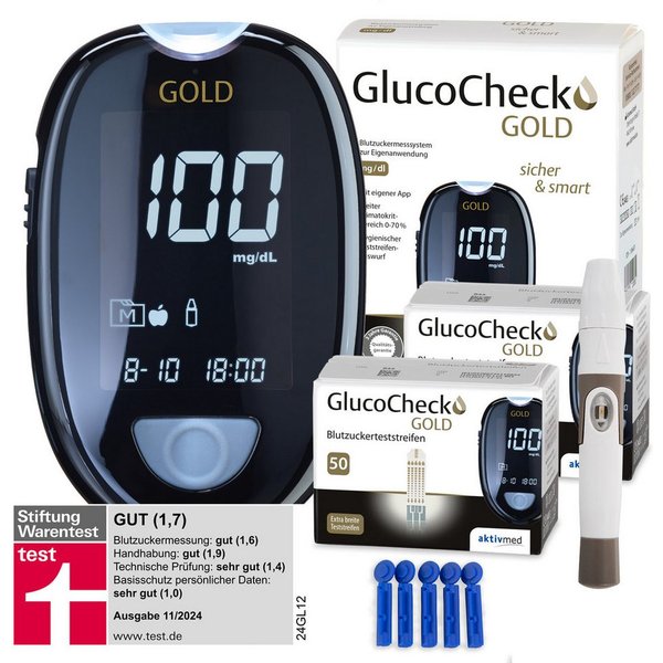 GlucoCheck Blutzuckermessgerät GlucoCheck GOLD Starter-Set mit 110 Teststreifen mg/dl