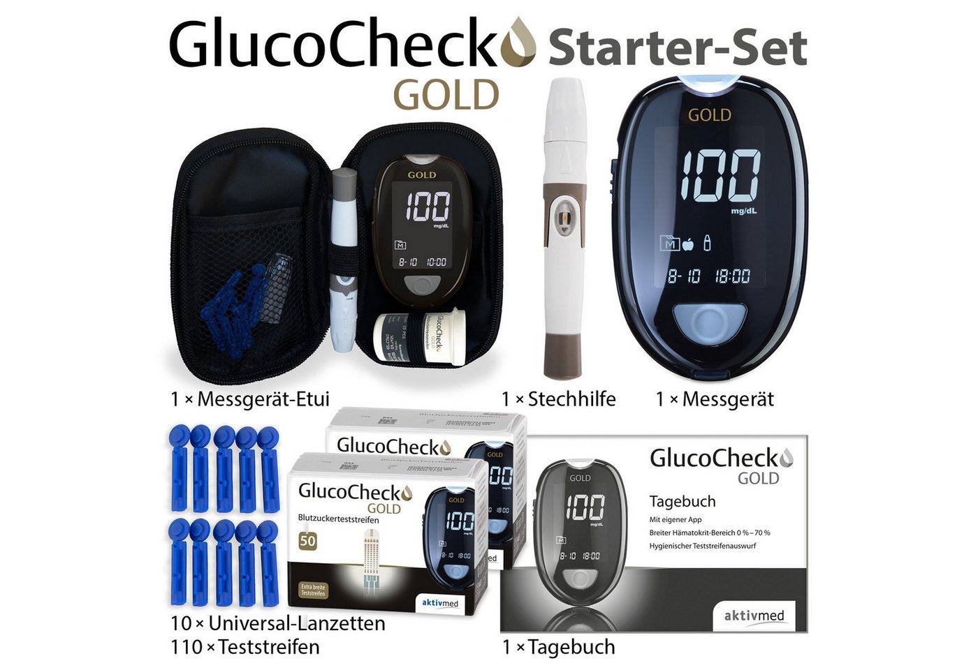 GlucoCheck Blutzuckermessgerät GlucoCheck GOLD Starter-Set mit 110 Teststreifen mg/dl – Bild 2 von 4