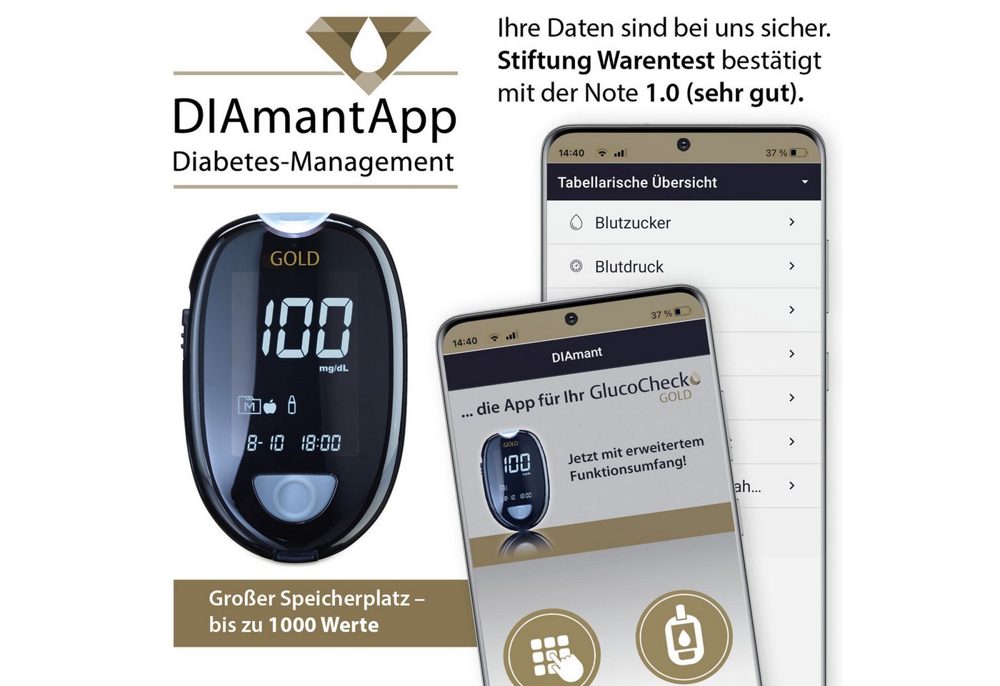 GlucoCheck Blutzuckermessgerät GlucoCheck GOLD Starter-Set mit 110 Teststreifen mg/dl – Bild 4 von 4