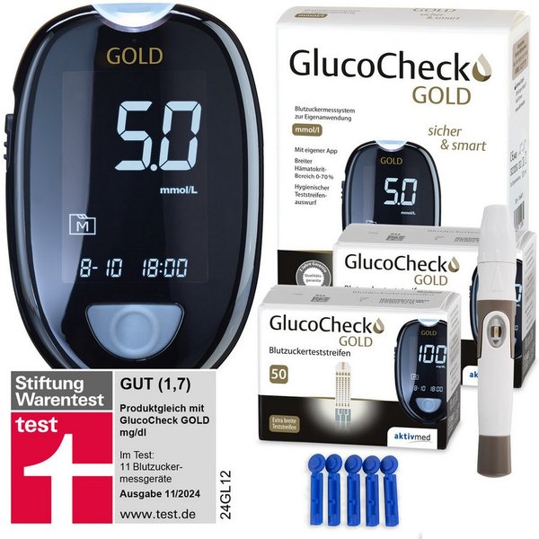 GlucoCheck Blutzuckermessgerät GlucoCheck GOLD Starter-Set mit 110 Teststreifen mmol/l