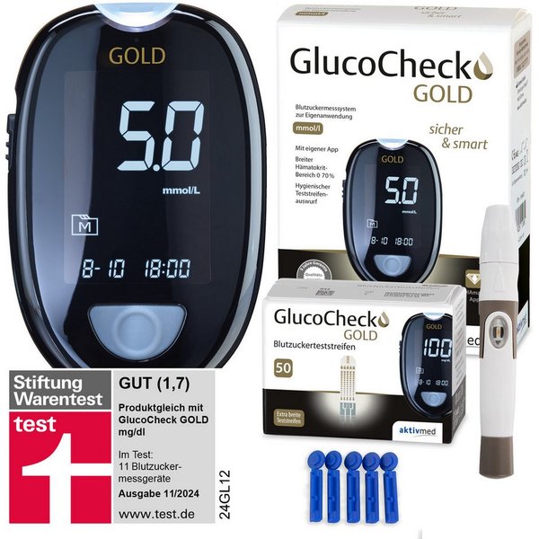GlucoCheck Blutzuckermessgerät GlucoCheck GOLD Starter-Set mit 60 Teststreifen mmol/l