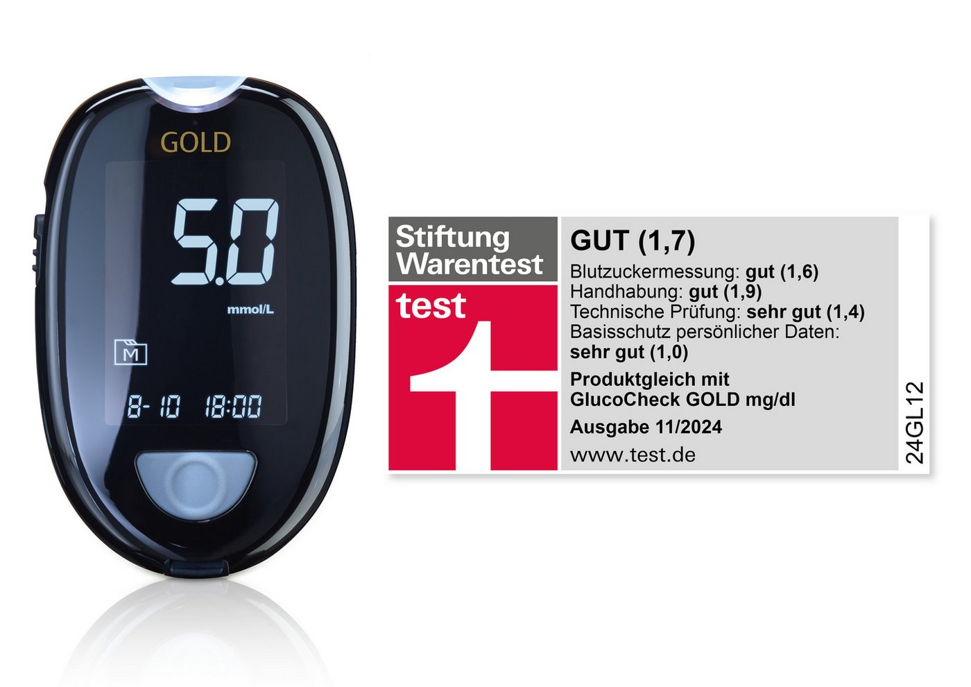 GlucoCheck Blutzuckermessgerät GlucoCheck GOLD Starter-Set mit 60 Teststreifen mmol/l – Bild 2 von 3