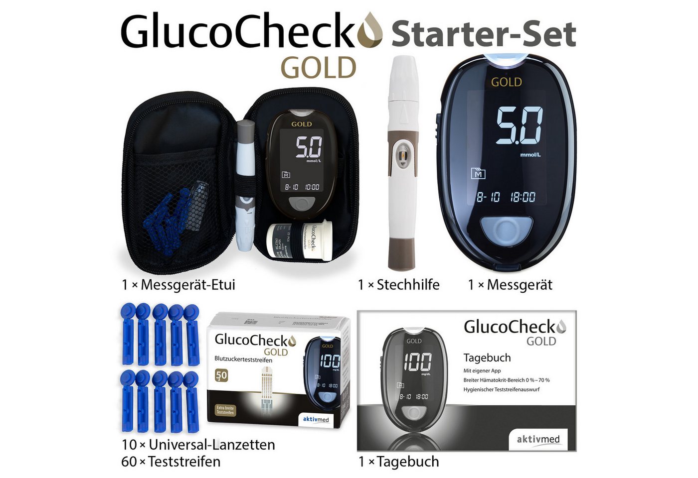GlucoCheck Blutzuckermessgerät GlucoCheck GOLD Starter-Set mit 60 Teststreifen mmol/l – Bild 3 von 3