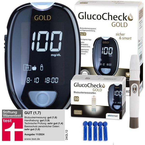 GlucoCheck Blutzuckermessgerät GlucoCheck GOLD Starter-Set mit 60 Teststreifen mg/dl