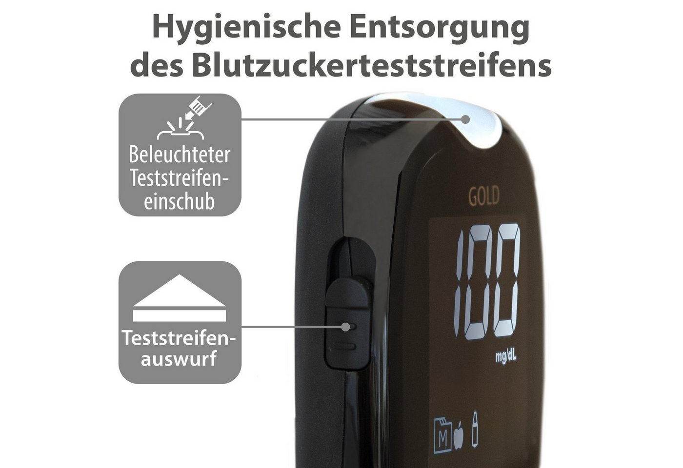 GlucoCheck Blutzuckermessgerät GlucoCheck GOLD Starter-Set mit 60 Teststreifen mg/dl – Bild 3 von 4