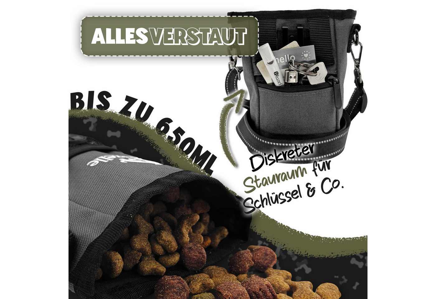 Bluzelle Leckerlibeutel, Leckerli Tasche für Hunde / Inhalt 650ml / Magnetverschluss / mit Gurt – Bild 3 von 5