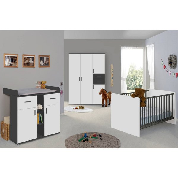 BMG Möbel Babyzimmer-Komplettset Kinderzimmer Set Elli, (Spar-Set, Kleiderschrank, Wickelkommode, Babybett), inkl. Schlupfsprossen, Farbe Weiß Anthrazit, Made i