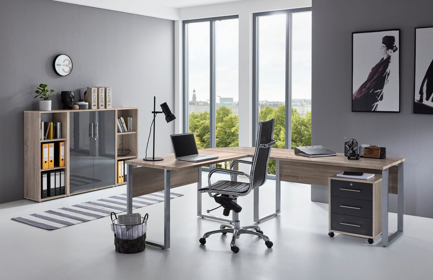 BMG Möbel Büromöbel-Set Office Edition Set 2, (Büro Set, 5 tlg., Fronten Matt oder Hochglanz lackiert), Aktenschrank und Rollcontainer abschließbar, Winkelschre – Bild 2 von 5