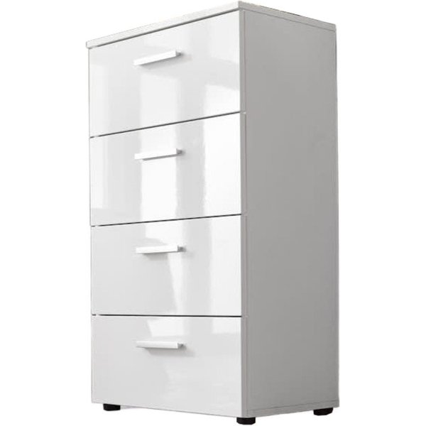 BMG Möbel Kommode Monaco (Schubkastenkommode mit 4 Schubkästen, 44 cm breit, Höhe 91 cm), Fronten Hochglanz Weiß, ideal für Flur und Schlafzimmer geeignet