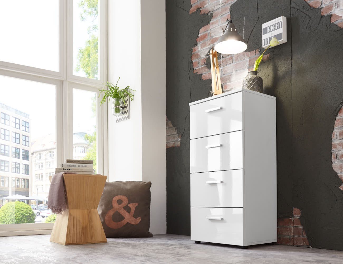 BMG Möbel Kommode Monaco (Schubkastenkommode mit 4 Schubkästen, 44 cm breit, Höhe 91 cm), Fronten Hochglanz Weiß, ideal für Flur und Schlafzimmer geeignet – Bild 2 von 2