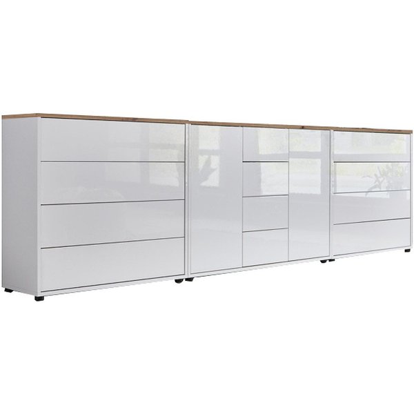 BMG Möbel Kommode Sideboard Mailand Set 12 in verschiedenen Ausführungen (3tlg), mit weiß lackierten Hochglanzfronten und Push-to-open-Funktion