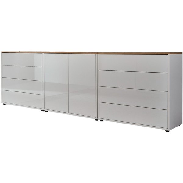 BMG Möbel Sideboard Mailand Set 4 (Kommode Anrichte Aktenschrank), mit weiß lackierten Hochglanzfronten