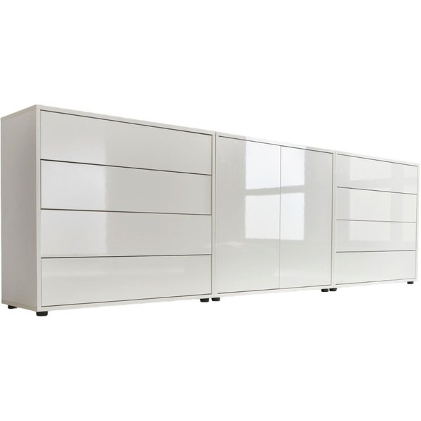 BMG Möbel Sideboard Mailand Set 4 (Kommode Anrichte Aktenschrank), mit weiß lackierten Hochglanzfronten