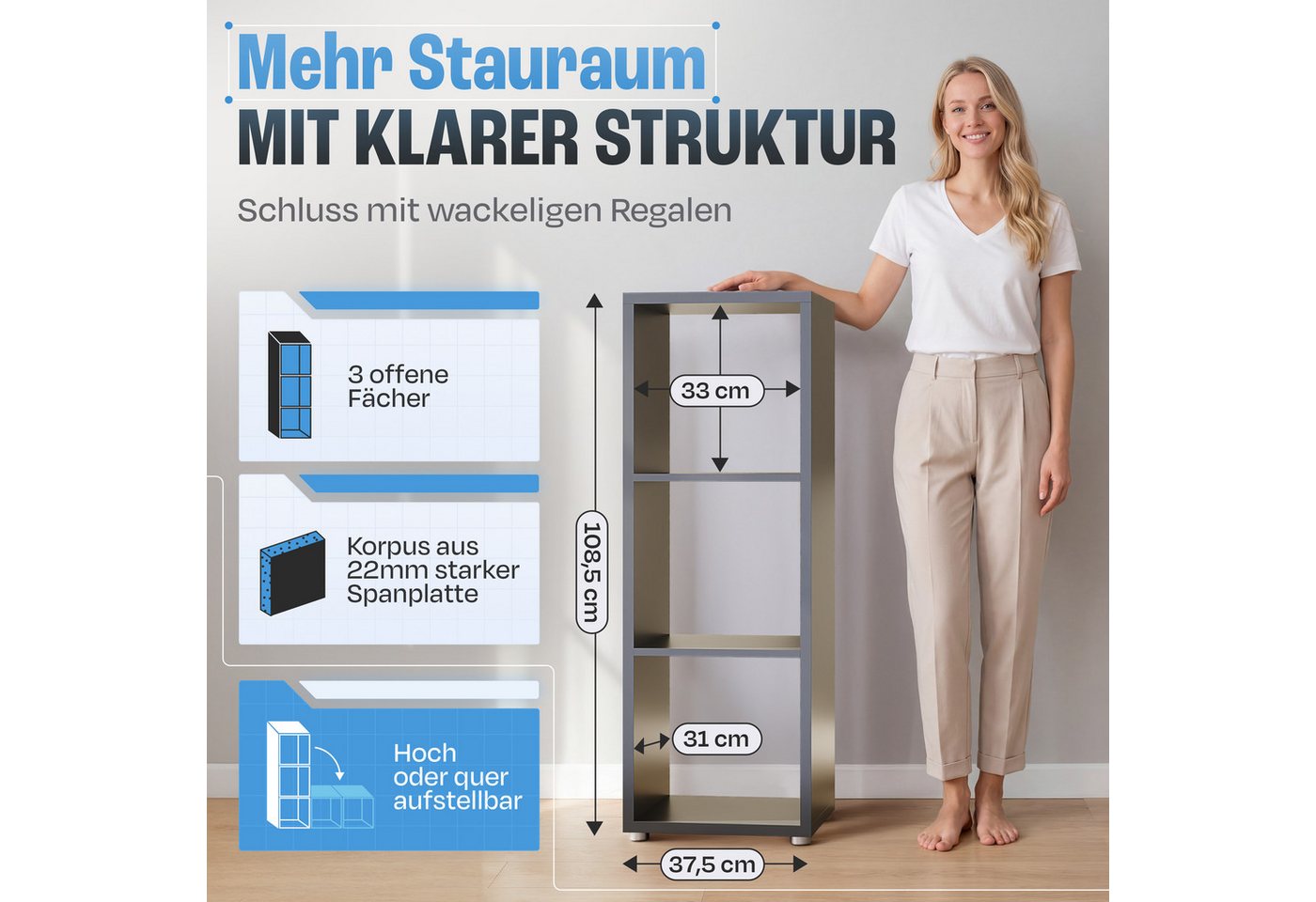 BMG Möbel Standregal NIZZA, Aktenregal, Würfel, Säulen Regal mit 3 Fächern, Made in Germany – Bild 2 von 5