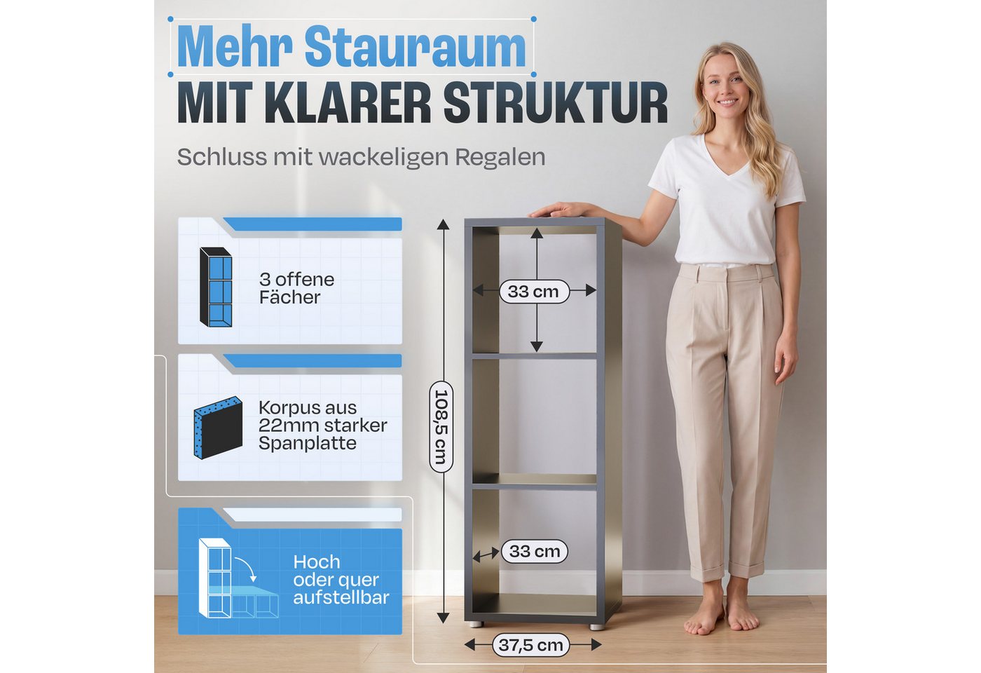 BMG Möbel Standregal NIZZA, Aktenregal, Würfel, Säulen Regal mit 3 Fächern, Made in Germany – Bild 3 von 5