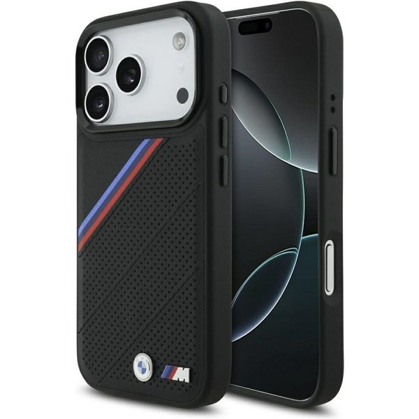 BMW Handyhülle Case iPhone 17 Pro MagSafe Kunstleder schwarz Tricolor Logo Metall 6,3 Zoll, Kantenschutz