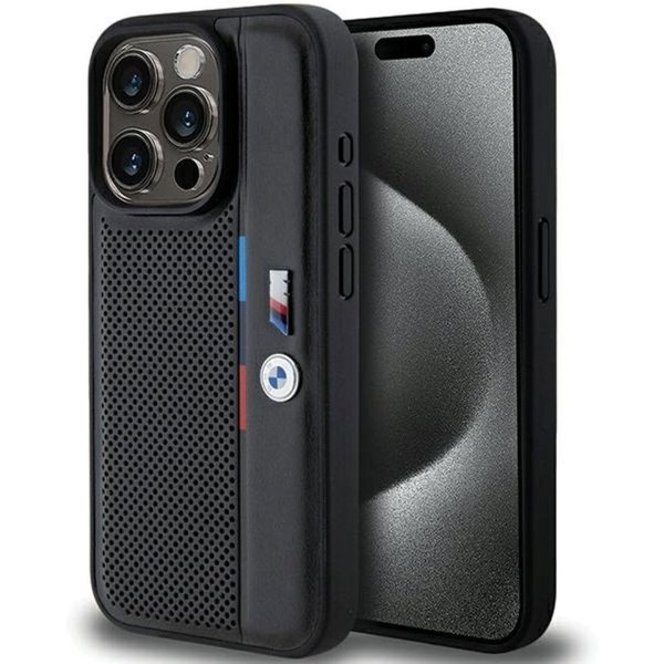 BMW Handyhülle Hardcase iPhone 15 Pro schwarz Logo Metall Kunstleder 6,1 Zoll, Kantenschutz