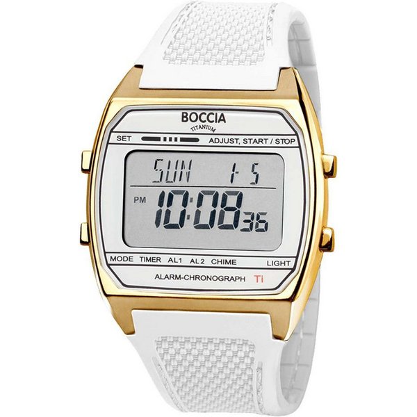 Boccia Digitaluhr 3738-04, Uhr in Unisexgröße Digital Titan Weiß/Goldfarben