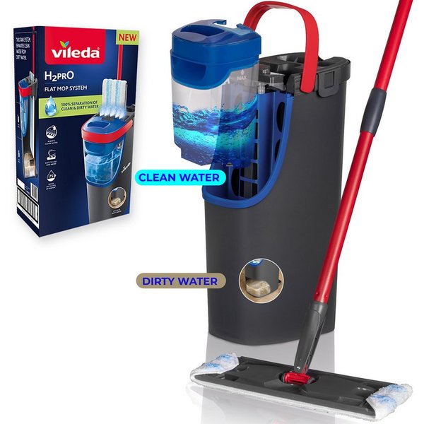 Vileda Bodenwischer-Set Vileda H2PrO Flat Mop System, (Set, 3-St), 100%-ige Trennung von sauberem und schmutzigem Wasser
