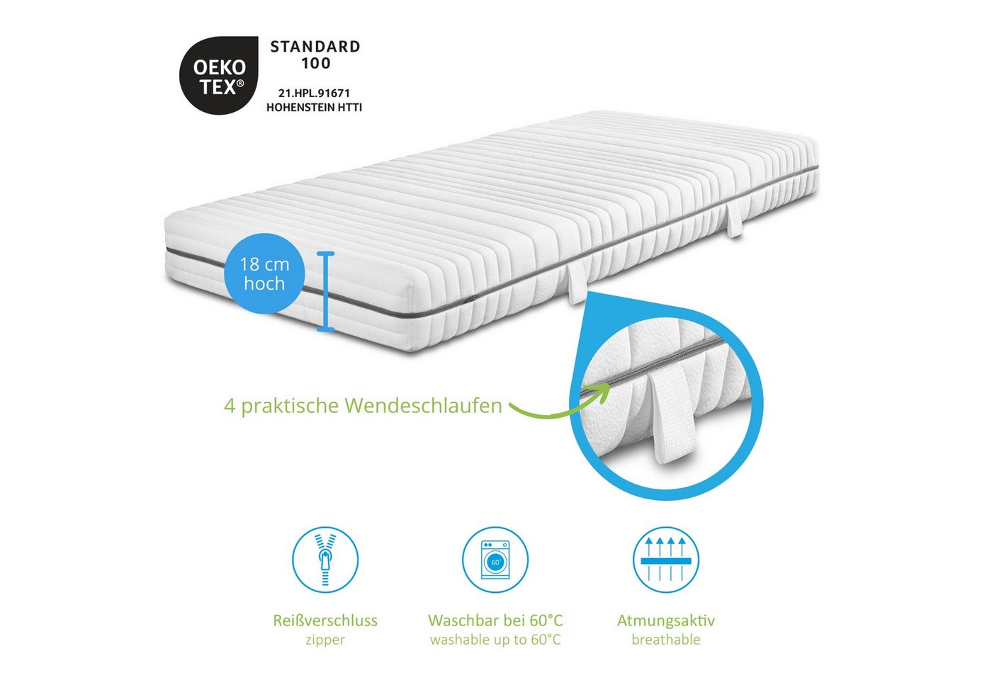Kaltschaummatratze Vital Protect, 90x200 cm, 140x200 cm und weitere Größen, Bodyprotect, 18 cm hoch, 7-Liegezonen, ergonomisch, Härtegrade H2,H3,H4, OEKO-TEX St – Bild 4 von 5