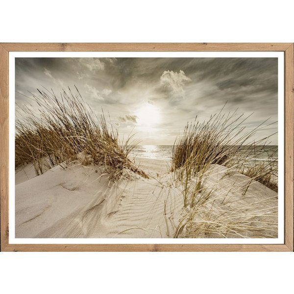 Bönninghoff Bild mit Rahmen Wandbild gerahmt STRANDSONNE 50x70 cm – Maritime Wanddeko Dünen, Düne, Gräser, Küste, Landschaft, Meer, Natur, Sonnenaufgang & -unte
