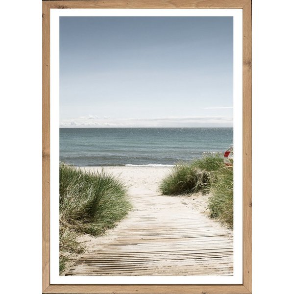 Bönninghoff Bild mit Rahmen Wandbild gerahmt STRANDWEG 50x70 cm – Holzsteg zum Meer im Scandi Stil, Düne, Gräser, Küste, Landschaft, Meer, Natur, Strand (1 St),
