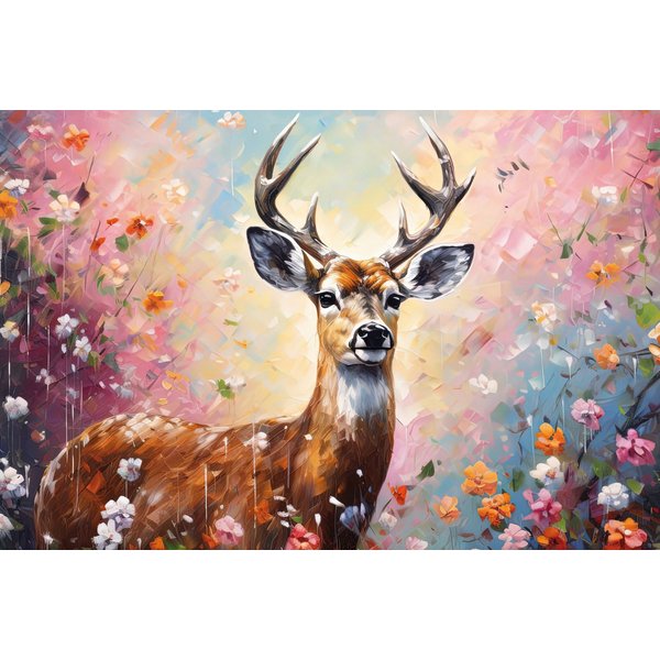 Bönninghoff Leinwandbild Wandbild HIRSCH IN BLUMEN 60x90 cm – Leinwandbild Keilrahmen Deko, Blumen, Hirsch, Wildtiere (1 St), auf Keilrahmen gespannt