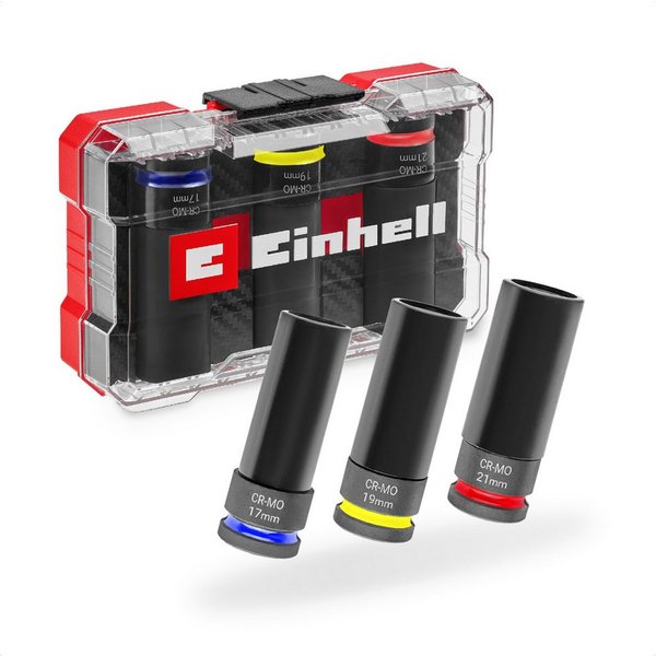 Einhell Bohrer- und Bit-Set Original Einhell Impact Stecknuss Set 3-tlg. (CrMo-Stahl, ½" Vierkant-, (3x Stecknüsse (17 / 19 / 21 mm, 80 mm Länge, CrMo-Stahl, ma