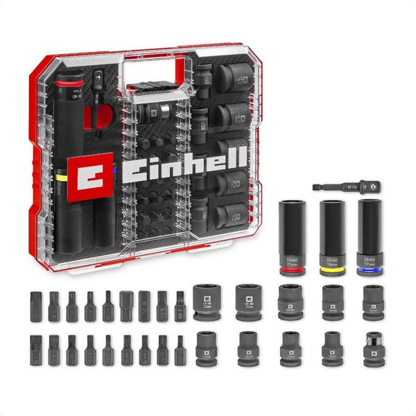 Einhell Bohrer- und Bit-Set Original Einhell Impact Stecknuss-Set 32-tlg. (18x 30-mm-Kraftbits, 9x, (18x 30-mm-Kraftbits (Torx, Hex, Vielzahn, 10 mm Sechskant),