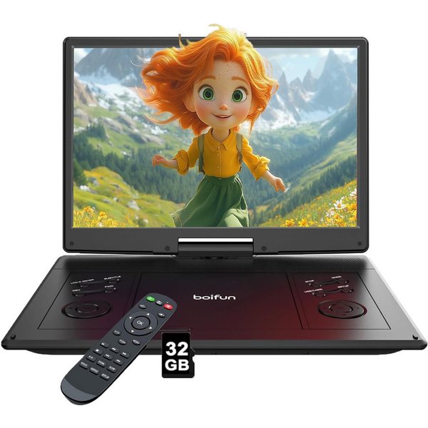 Boifun 15,7" Tragbarer DVD Player mit 14,1 Zoll HD Schwenkbaren Bildschirm Portabler DVD-Player (1366*768 resolution, unterstützt alle Regionen, mehrere Regione