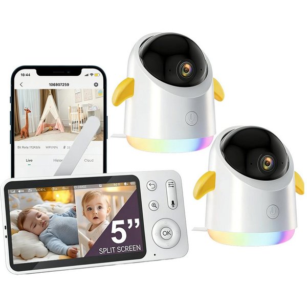 Boifun Video-Babyphone Babyphone mit 2 Kameras App Split-Screen-Anzeige, 2K HD Bild, PTZ 355°/60°, 4×Zoom, Automatische Verfolgung, 1-tlg., Weinen/Bewegungs/Ger